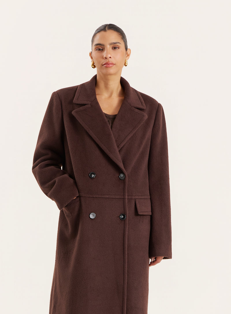 Chocolate Wool Double-Breasted Coat- Melia