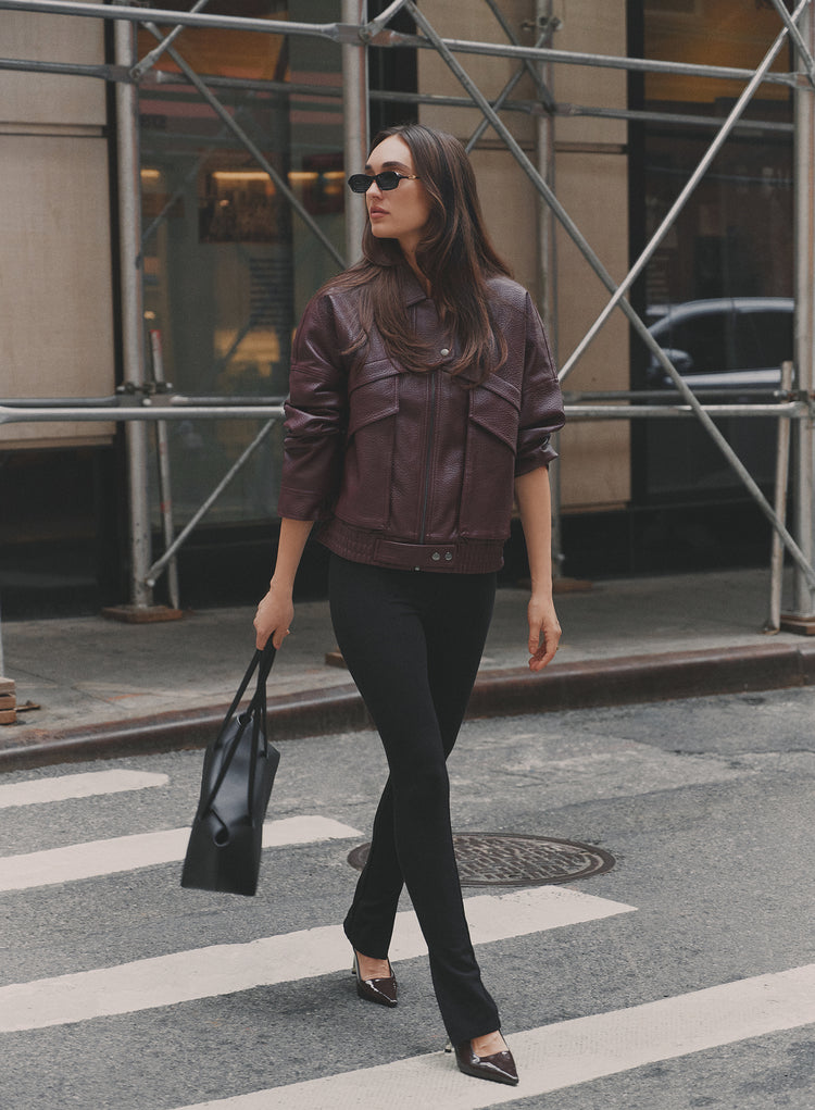 Burgundy Textured Faux Leather Cropped Jacket- Kerry