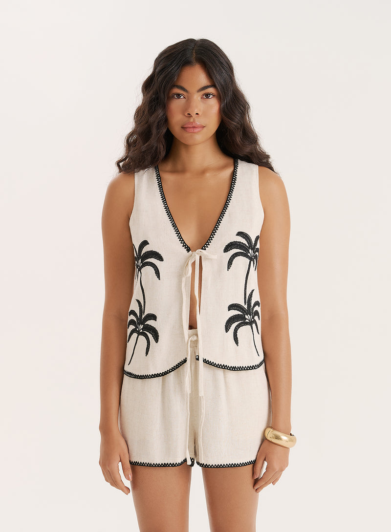 Cream Linen Blend Palm Embroidered Tie Waistcoat- Kenna