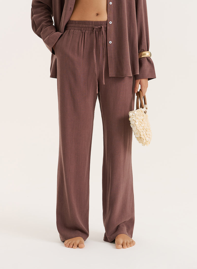 Chocolate Linen Blend Wide Leg Trouser- Anna