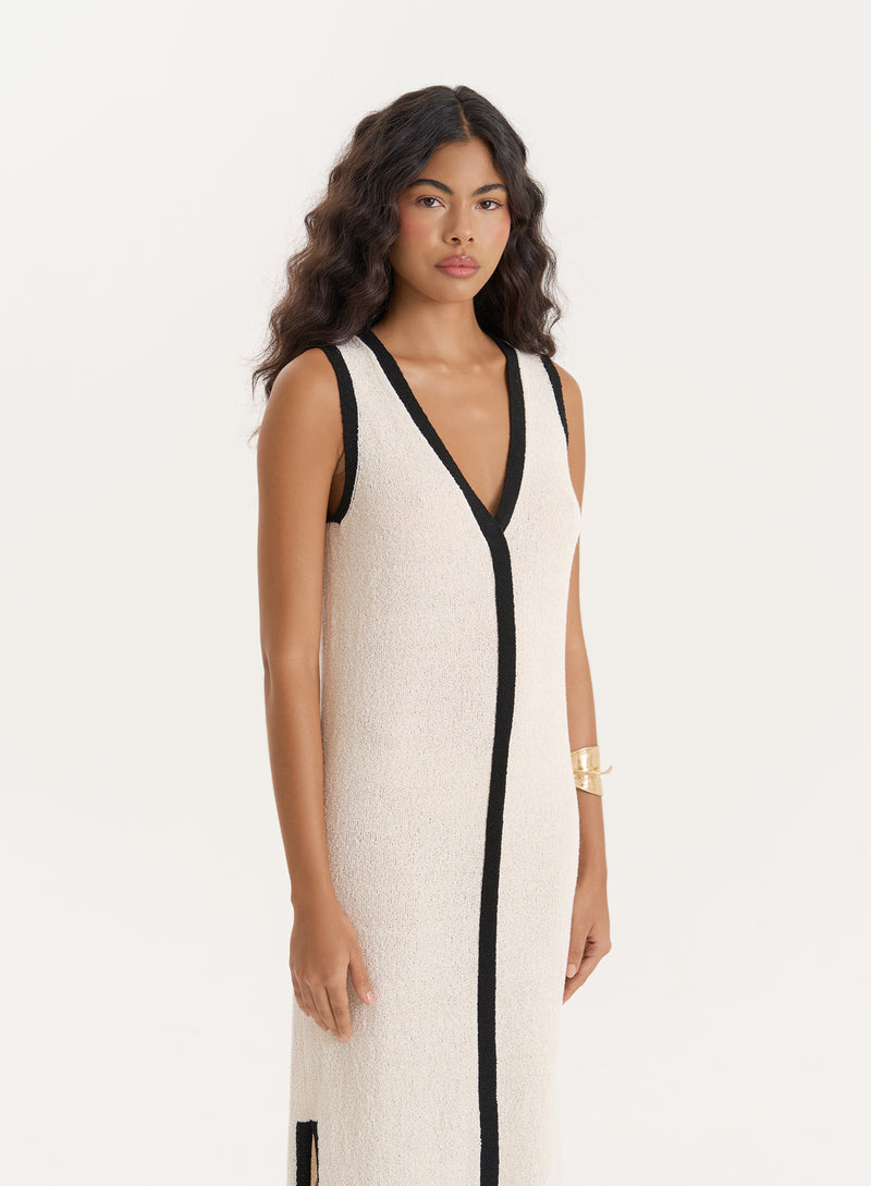 Ecru Knitted Constrast Trim Midaxi Dress- Elea