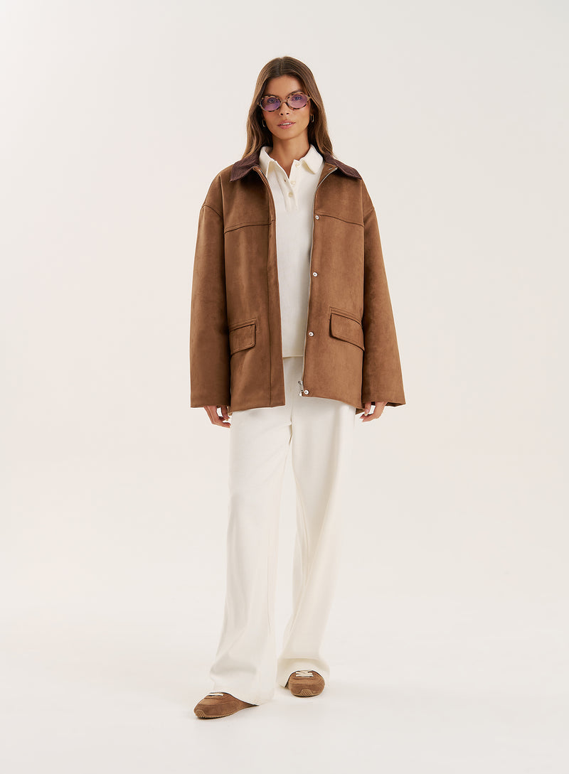 Brown Contrast Collar Faux Suede Barn Shacket
