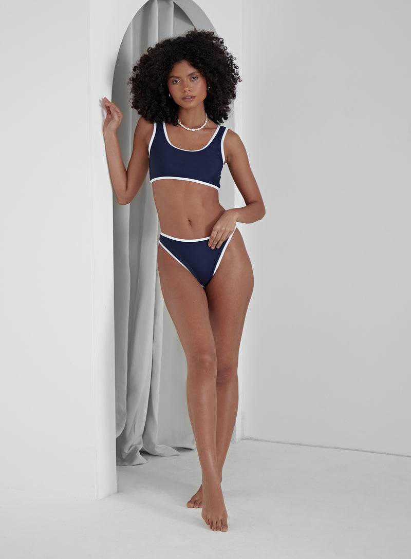 Navy Contrast Trim Bikini Bottom- Florence