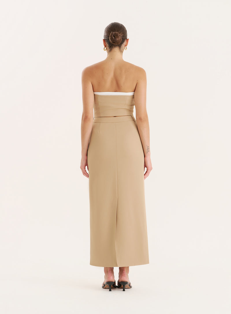 Camel Contrast Waistband Detail Tailored Maxi Skirt- Tatiana