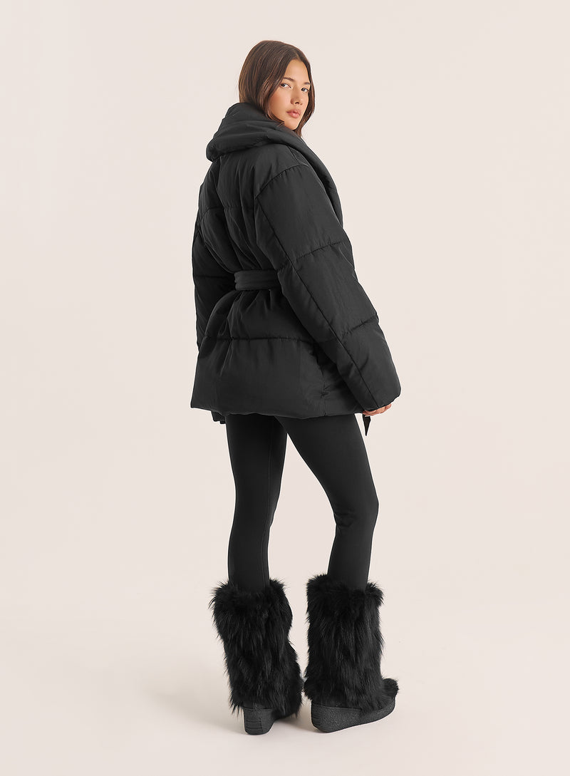Black Wrap Waist Belted Puffer Coat