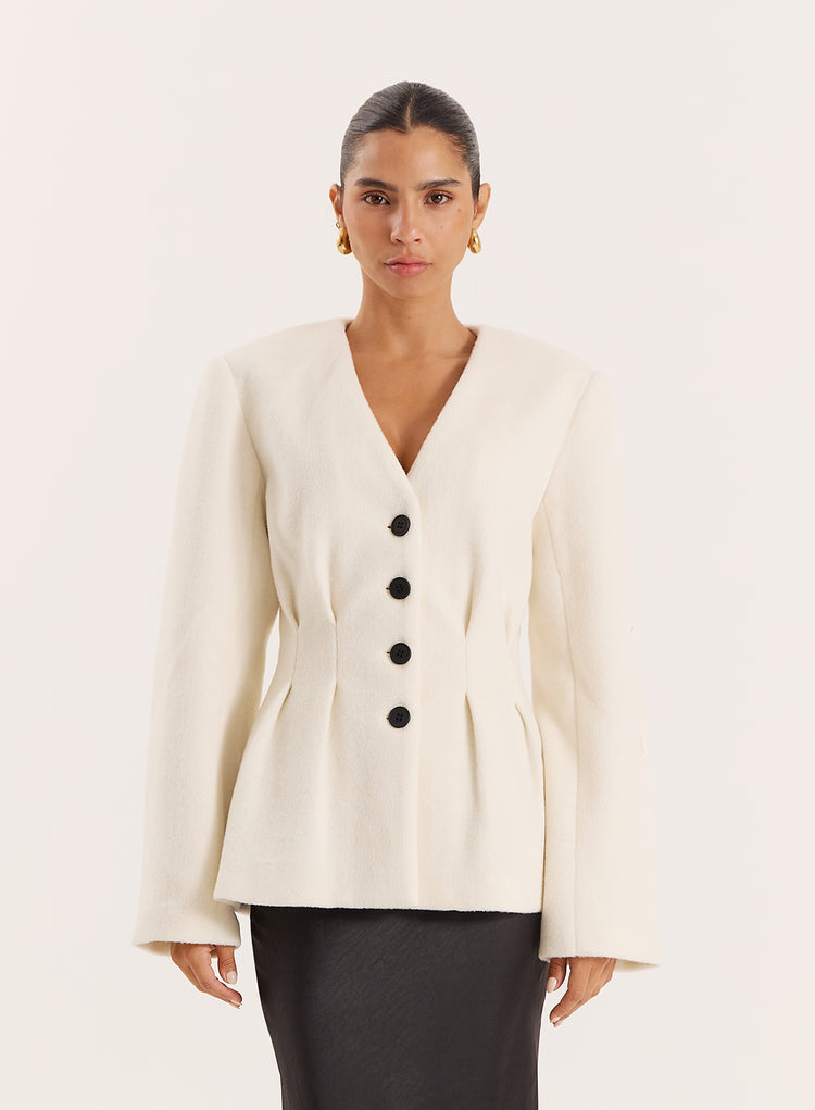 Cream Tailored Cinched Waist Wool Blend Blazer- Tilley