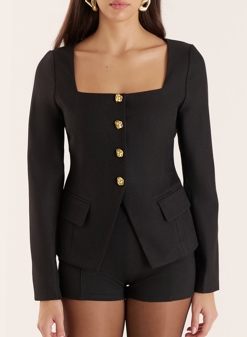 Black Square Neck Gold Buttoned Jacket- Sadie