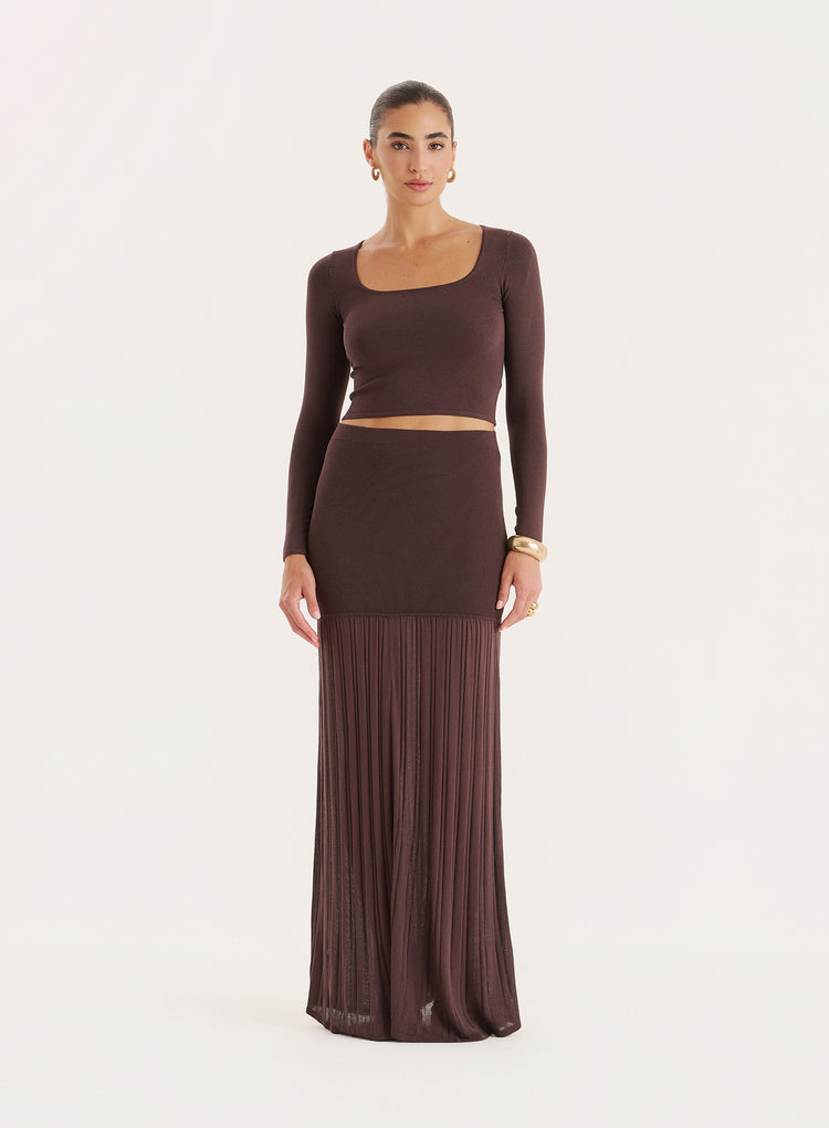 Chocolate Knitted Drop Waist Maxi Skirt- Nancy