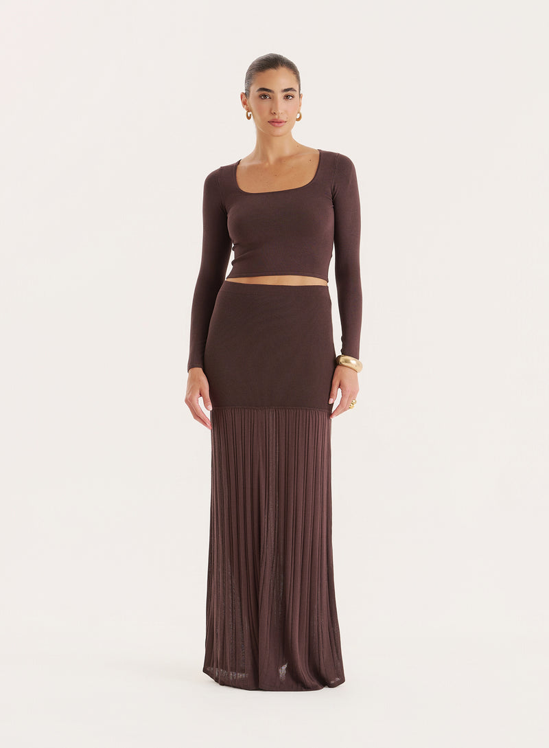 Chocolate Knitted Drop Waist Maxi Skirt- Nancy