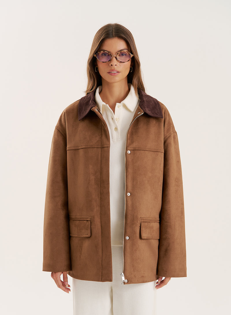 Brown Contrast Collar Faux Suede Barn Shacket