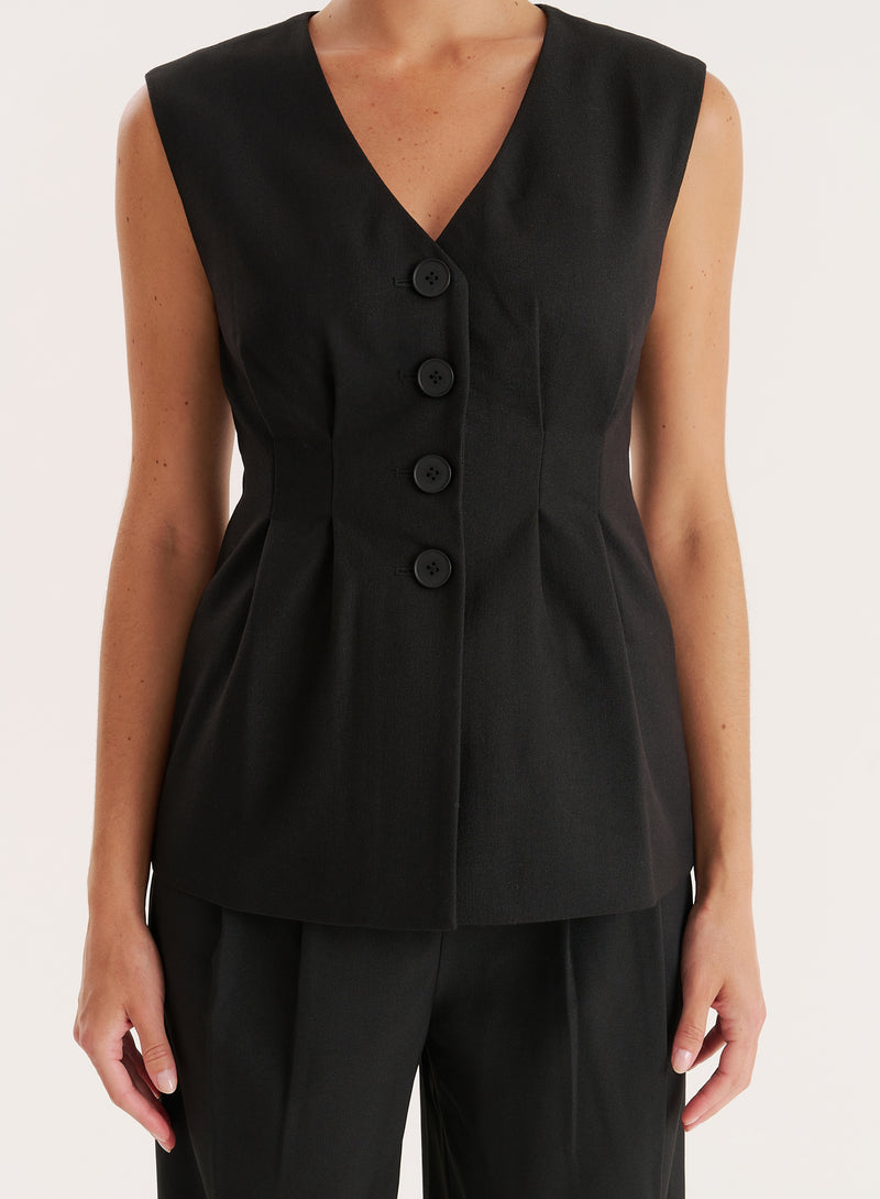 Black Cinched Waist Tailored Waistcoat- Nora