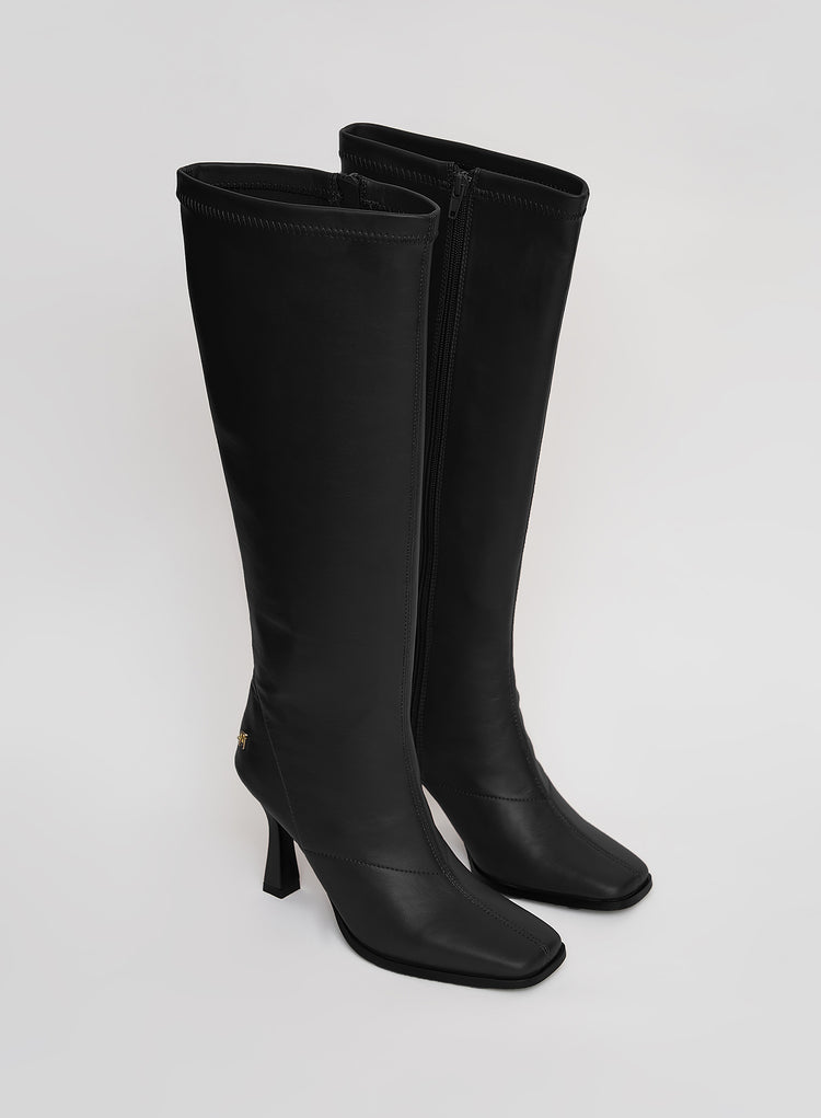 Black Faux Leather Knee High Boots- Tokyo