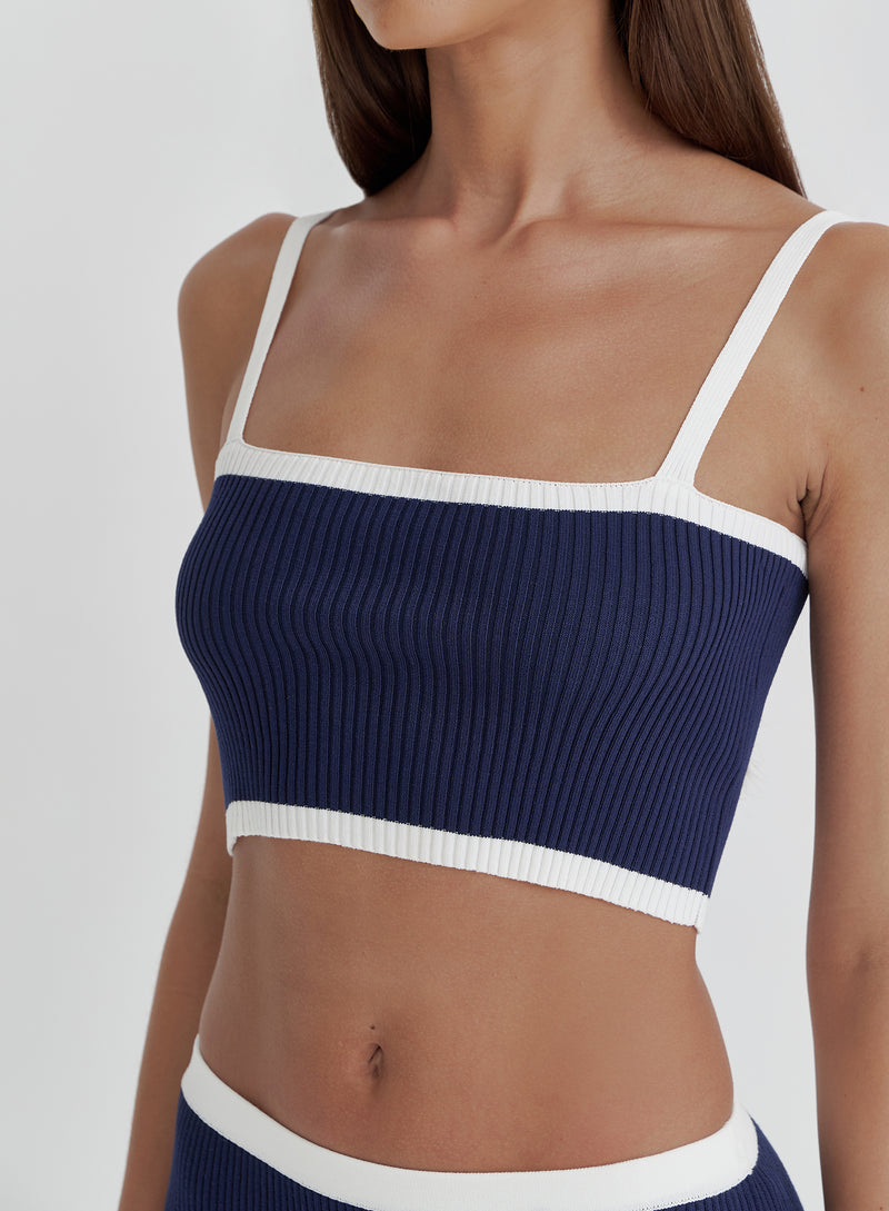 Navy Contrast Strap Knitted Crop Top- Colette