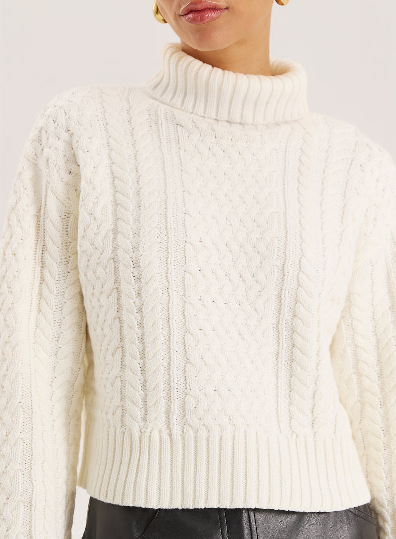 Cream Chunky Knit Turtle Neck Crop Jumper- Ethel