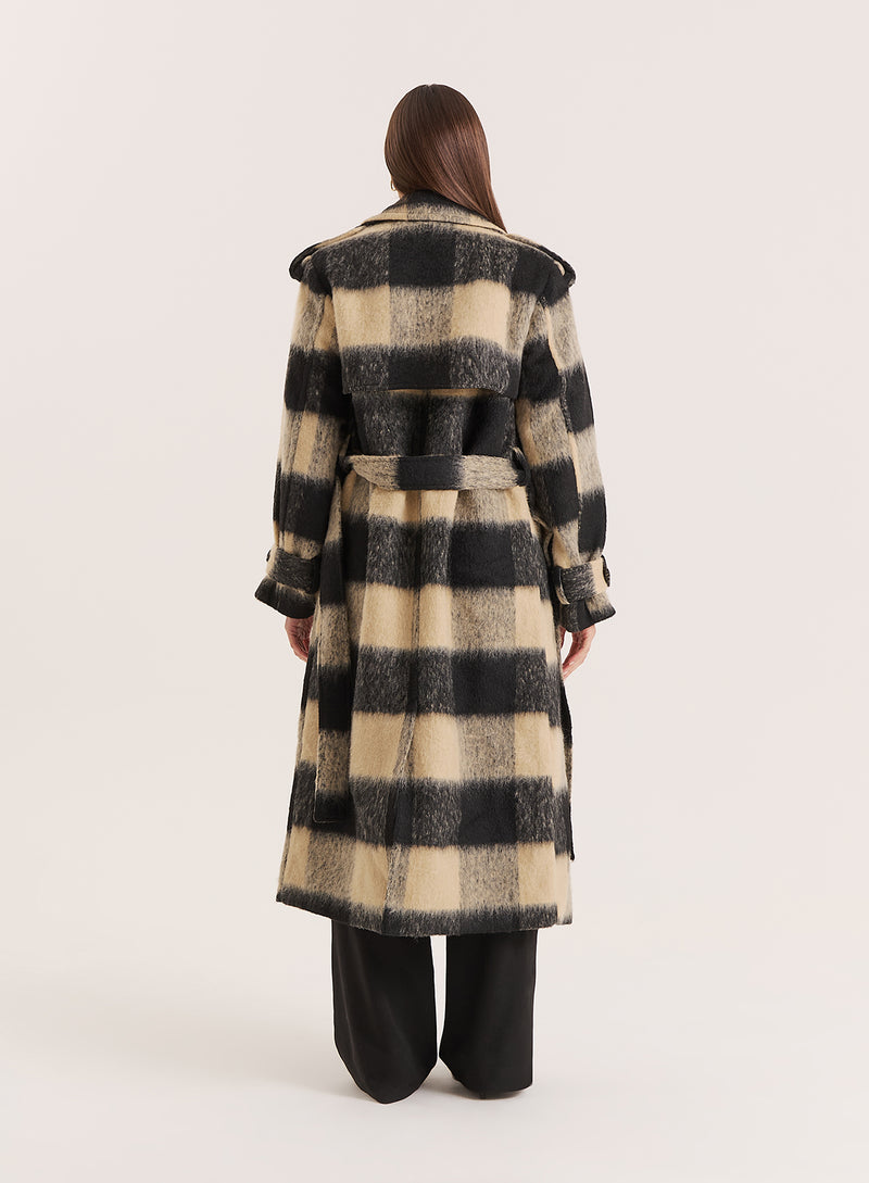 Black And Beige Wide-Checked Belted Trench Coat- Carey