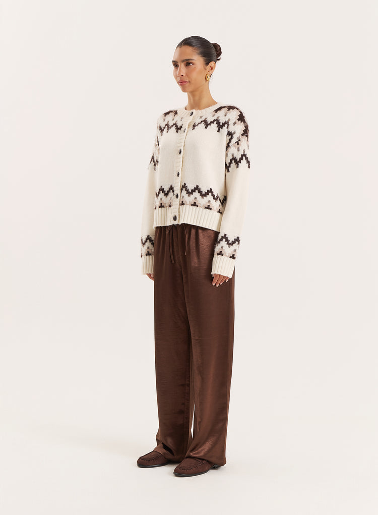 White Knitted Fairisle Button Front Cardigan- Brandon