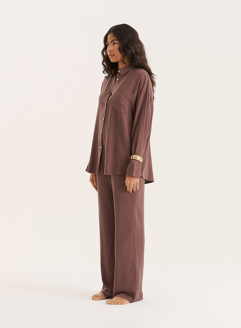 Chocolate Linen Blend Wide Leg Trouser- Anna