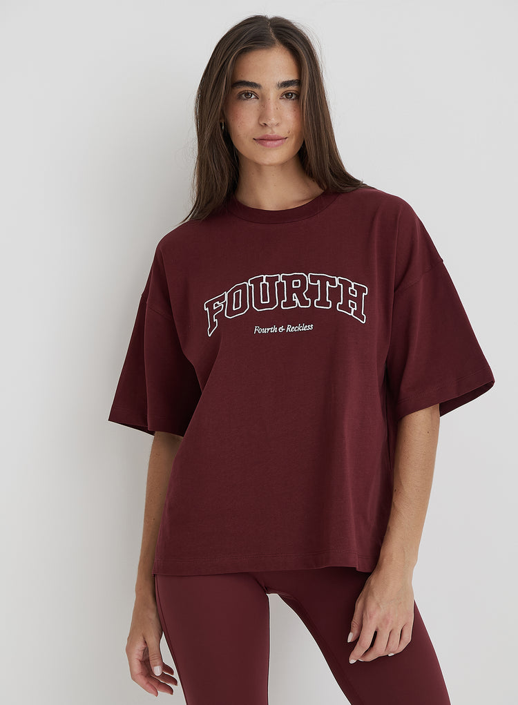 Burgundy Fourth Slogan Oversized Tee- Finley