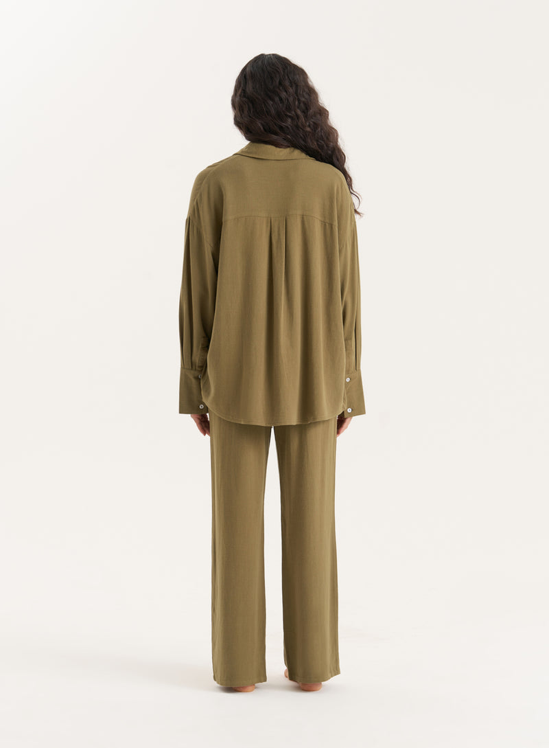 Olive Linen Blend Oversized Shirt- Anna