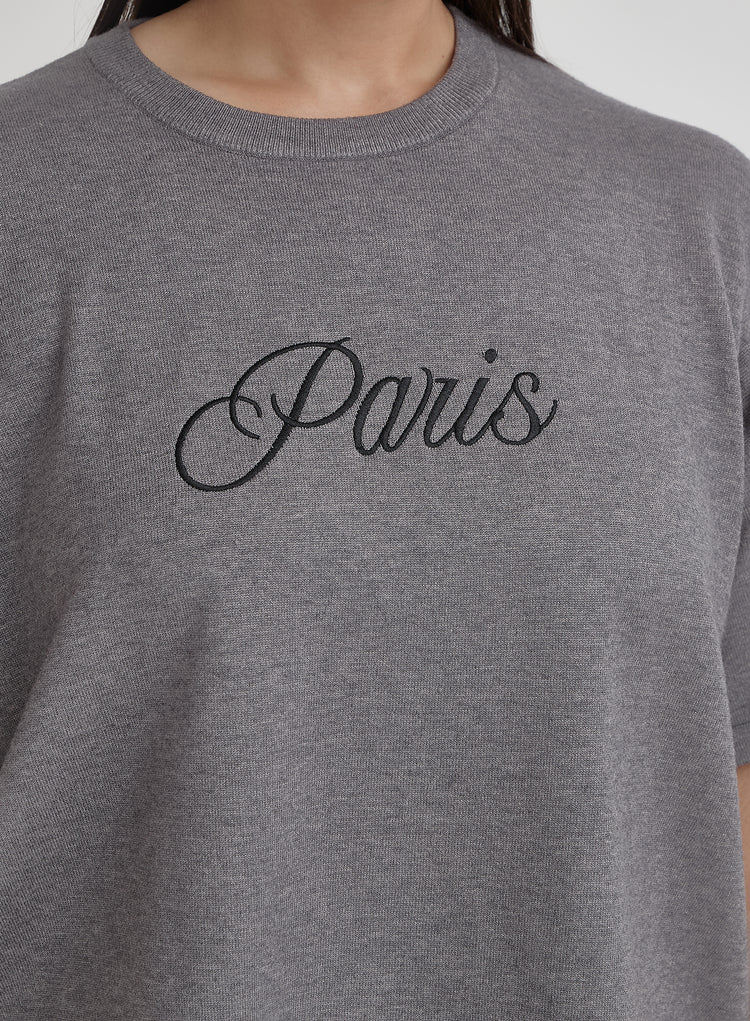 Grey Curve Paris Slogan T-Shirt- Abeba