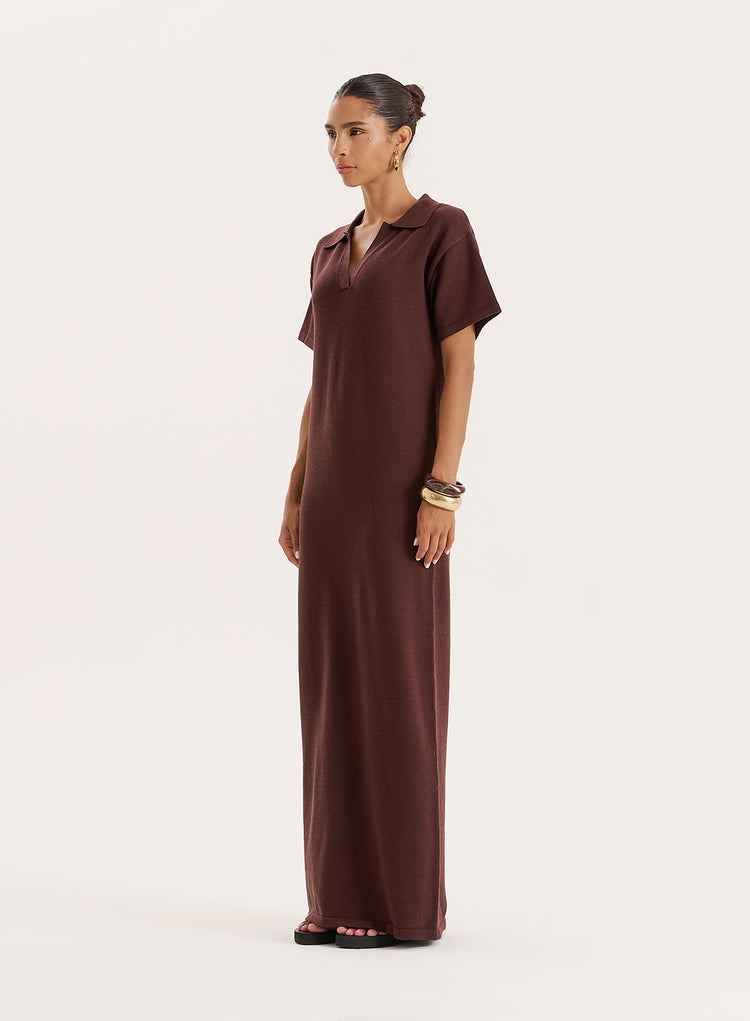 Chocolate Knitted Rugby Maxi Dress- Esme