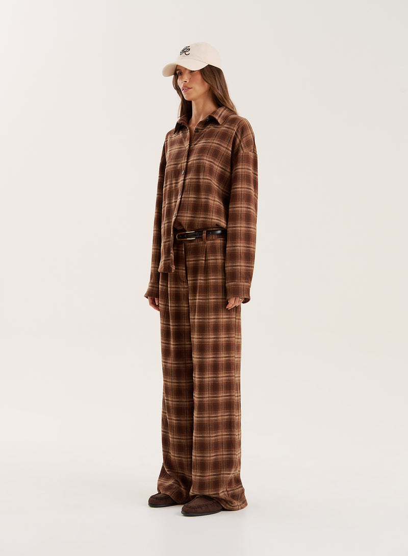 Brown Check Printed Oversized Shirt- Tove