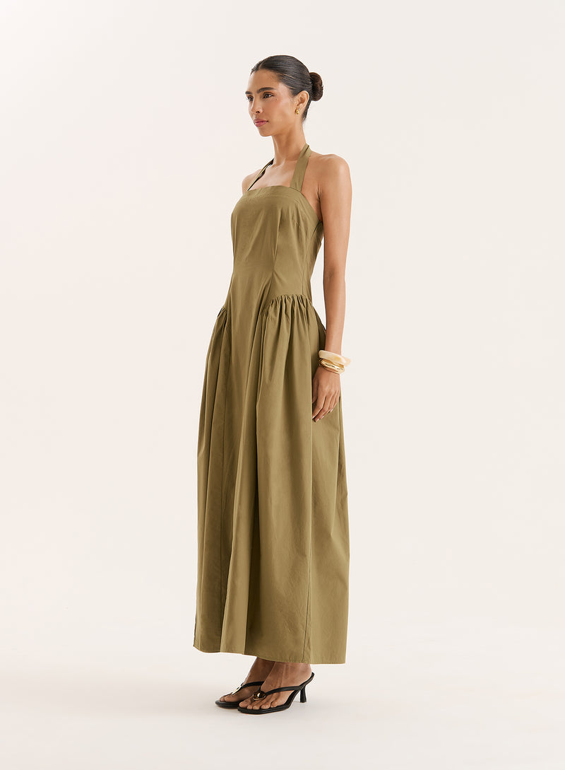 Khaki Halterneck Cotton Maxi Dress- Bonita