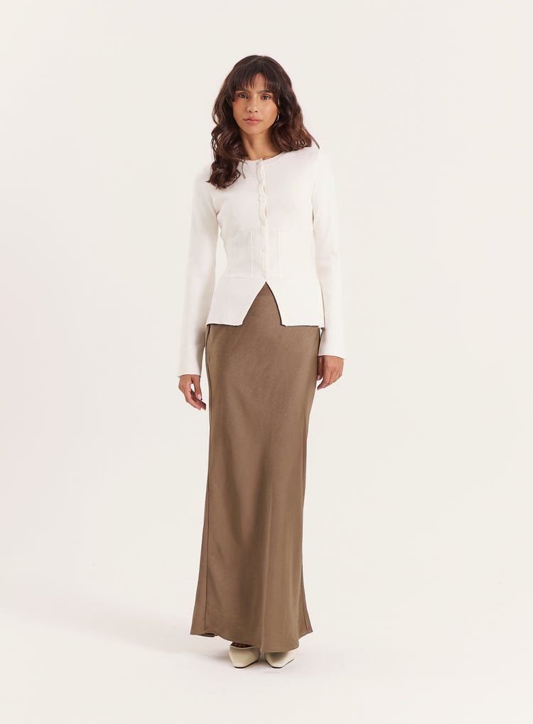 Khaki Satin Maxi Skirt- Novah