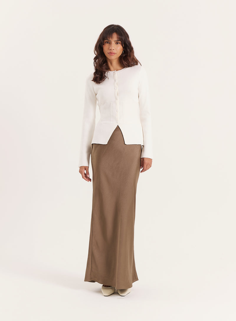 Khaki Satin Maxi Skirt- Novah