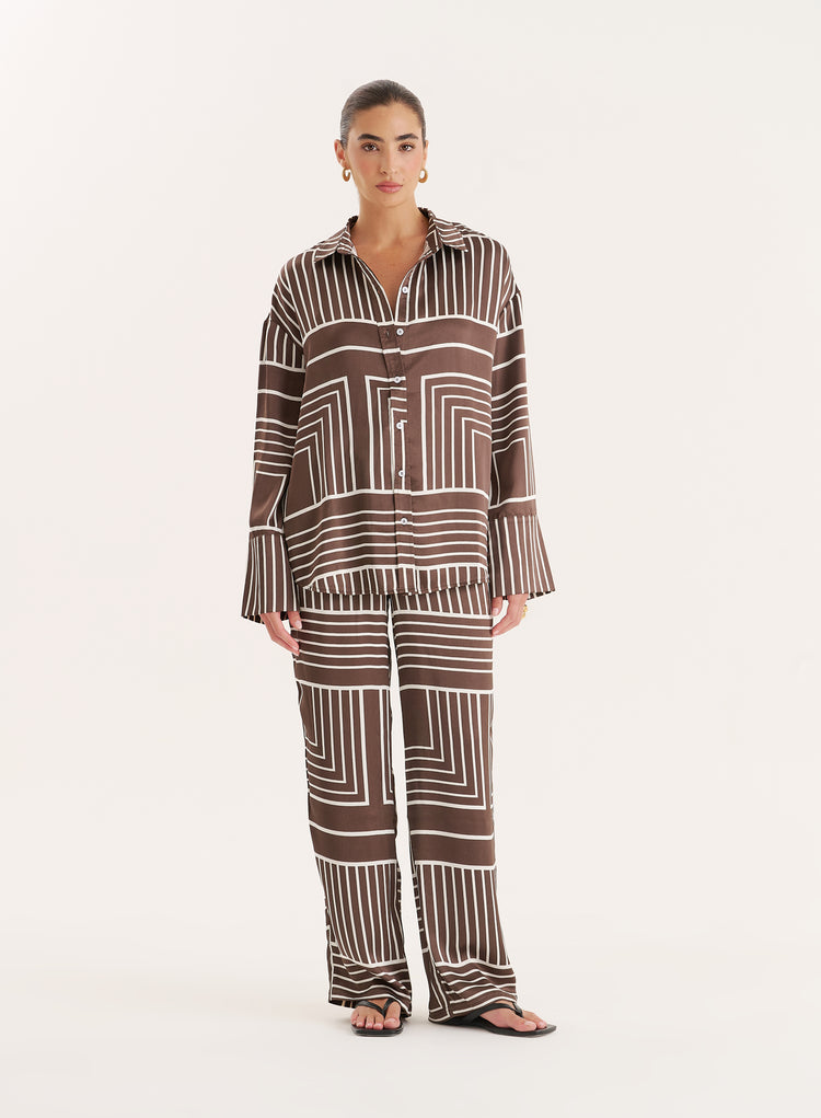Chocolate Abstract Print Satin Trouser- Amira