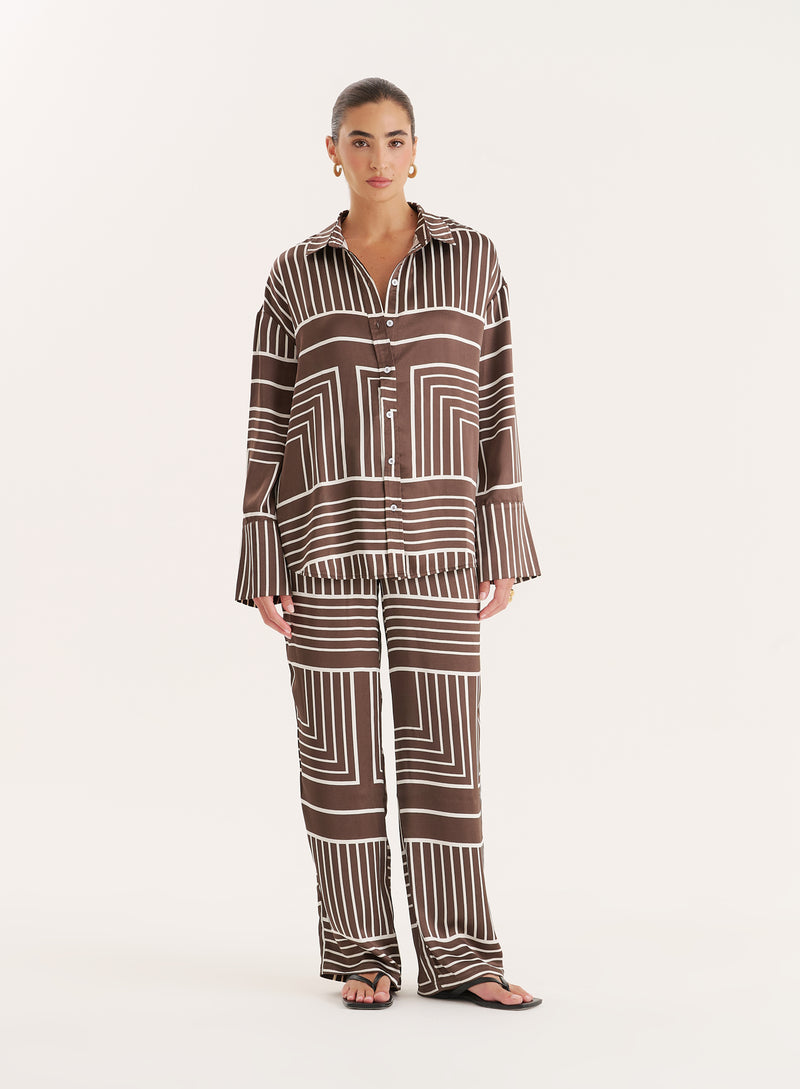 Chocolate Abstract Print Satin Trouser- Amira