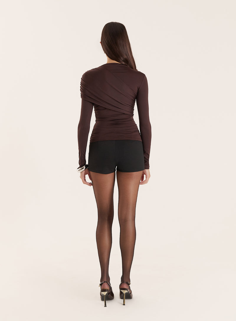 Chocolate Long Sleeved Drape Top- Cassian