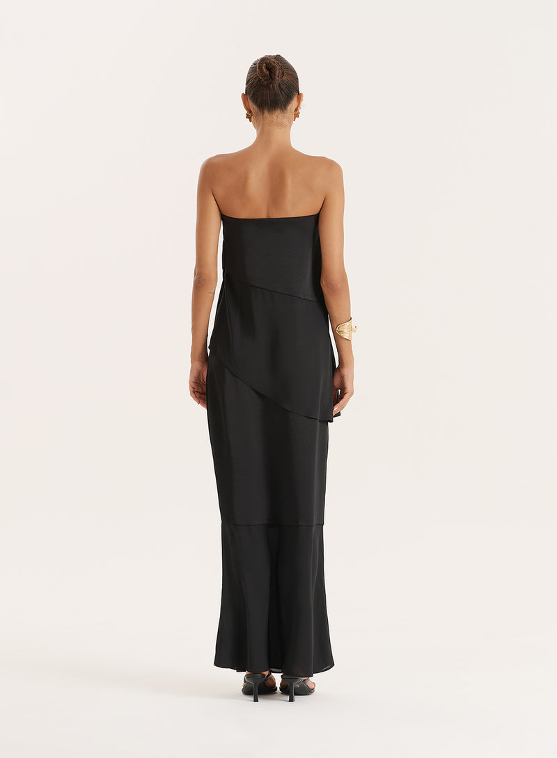 Black Satin And Chiffon Maxi Skirt- Marcia