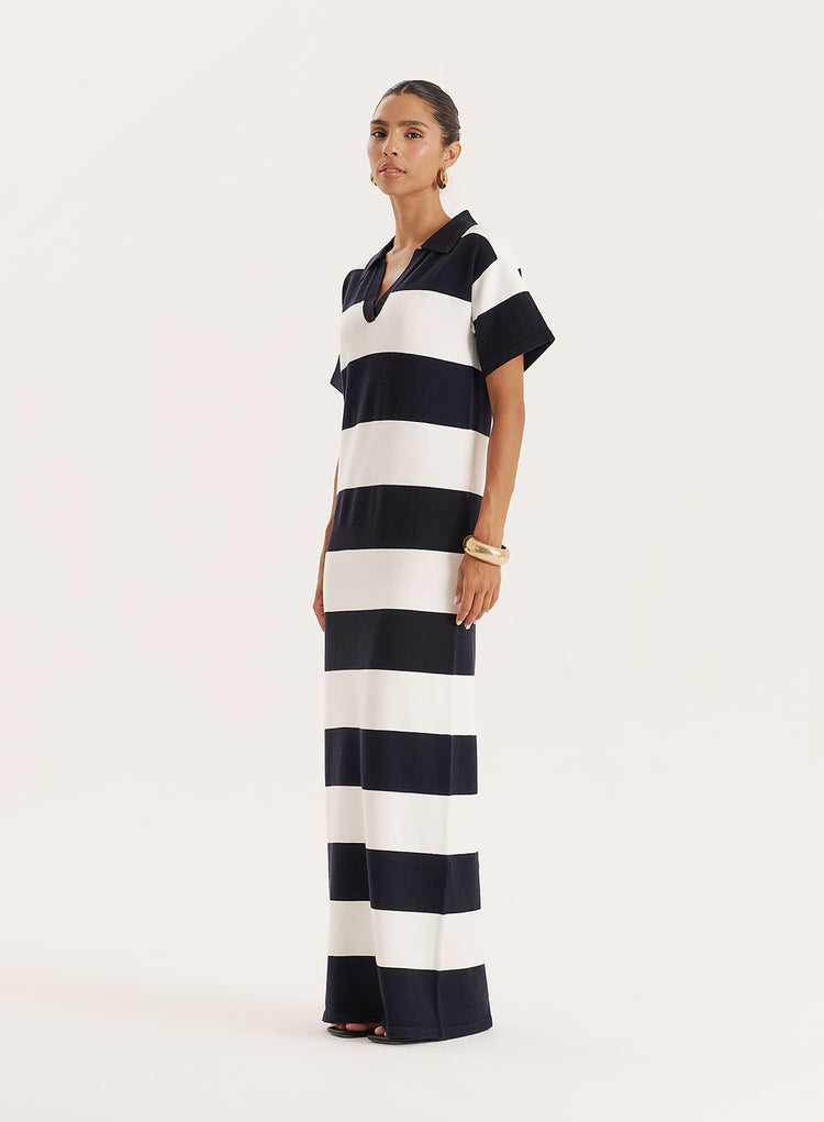 Black And White Stripe Knitted Rugby Maxi Dress- Esme