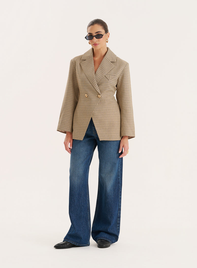 Check Print Cinched Waist Tailored Blazer- Reese