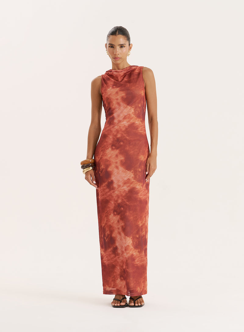 Rust Print High Neck Sleeveless Maxi Dress- Becka