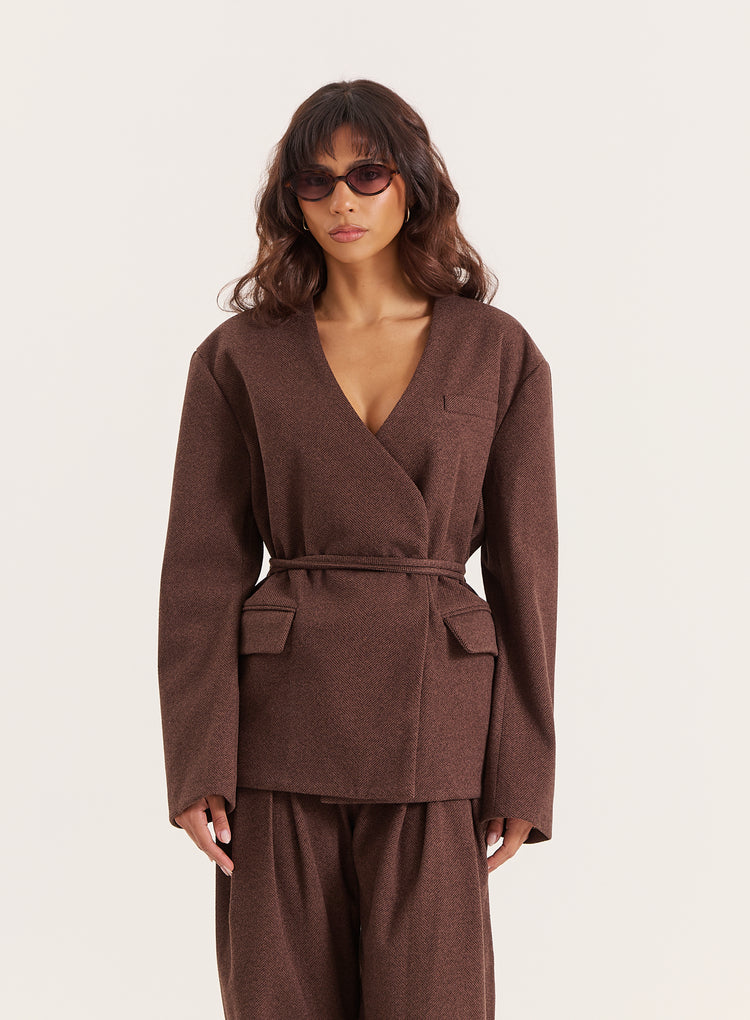 Chocolate Herringbone Tie-Waist Wrap Jacket- Luca