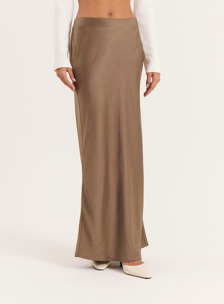 Khaki Satin Maxi Skirt- Novah