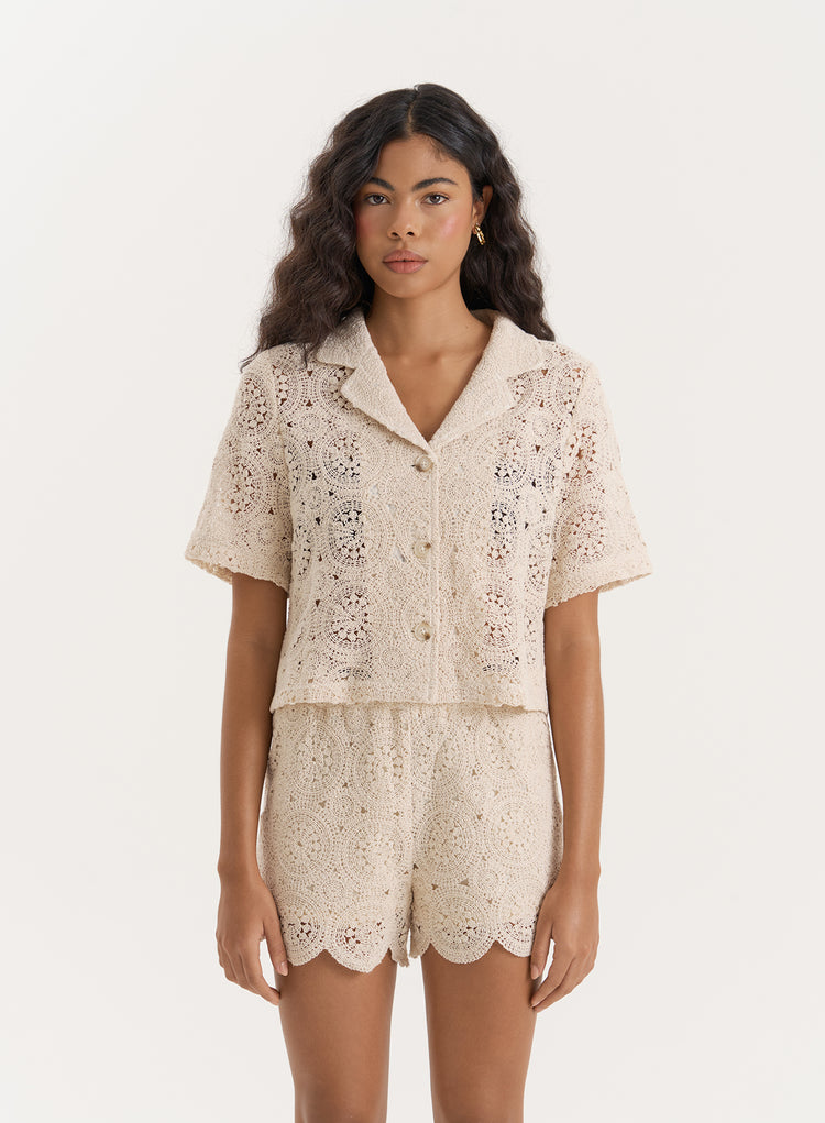 Beige Crochet Short Sleeve Shirt- Sabrina