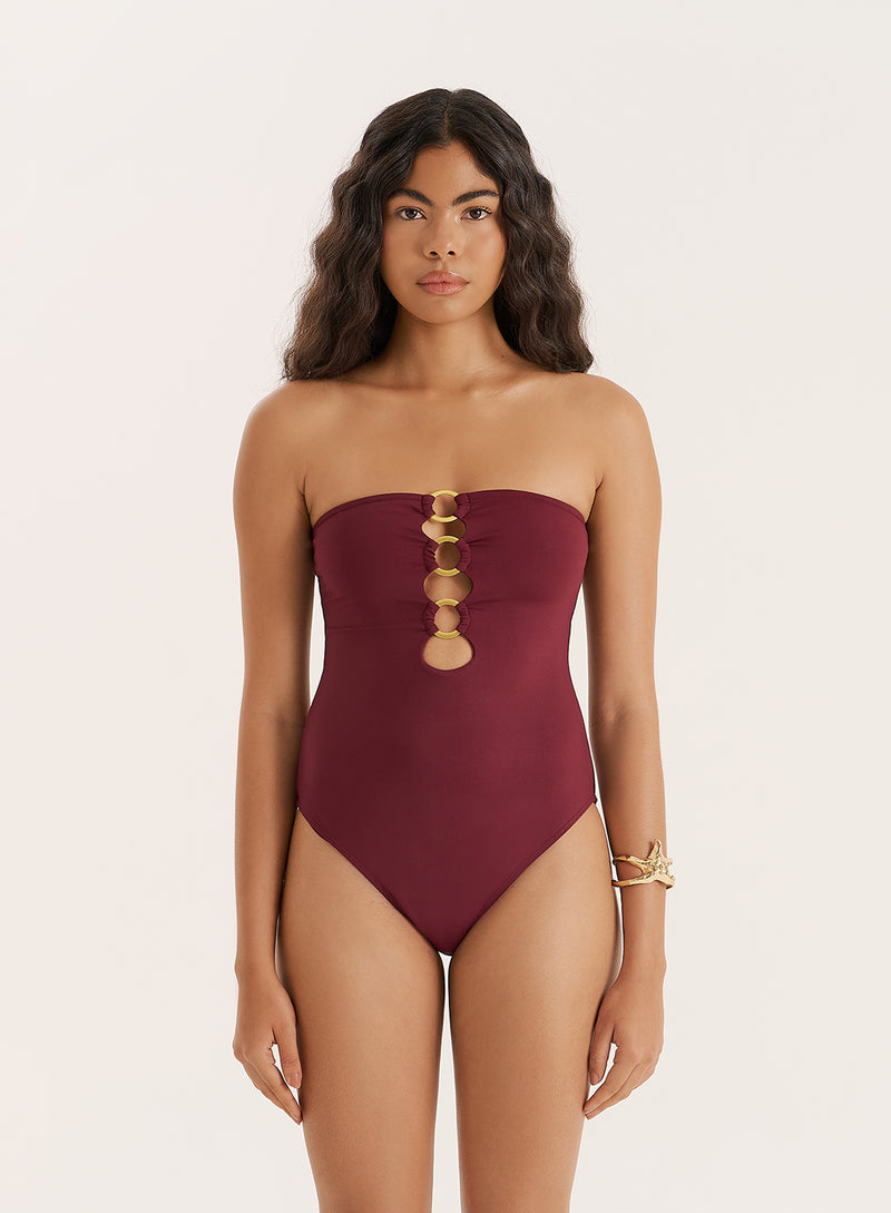 Burgundy Gold Ring Cut Out Bandeau Swimsuit- Nala