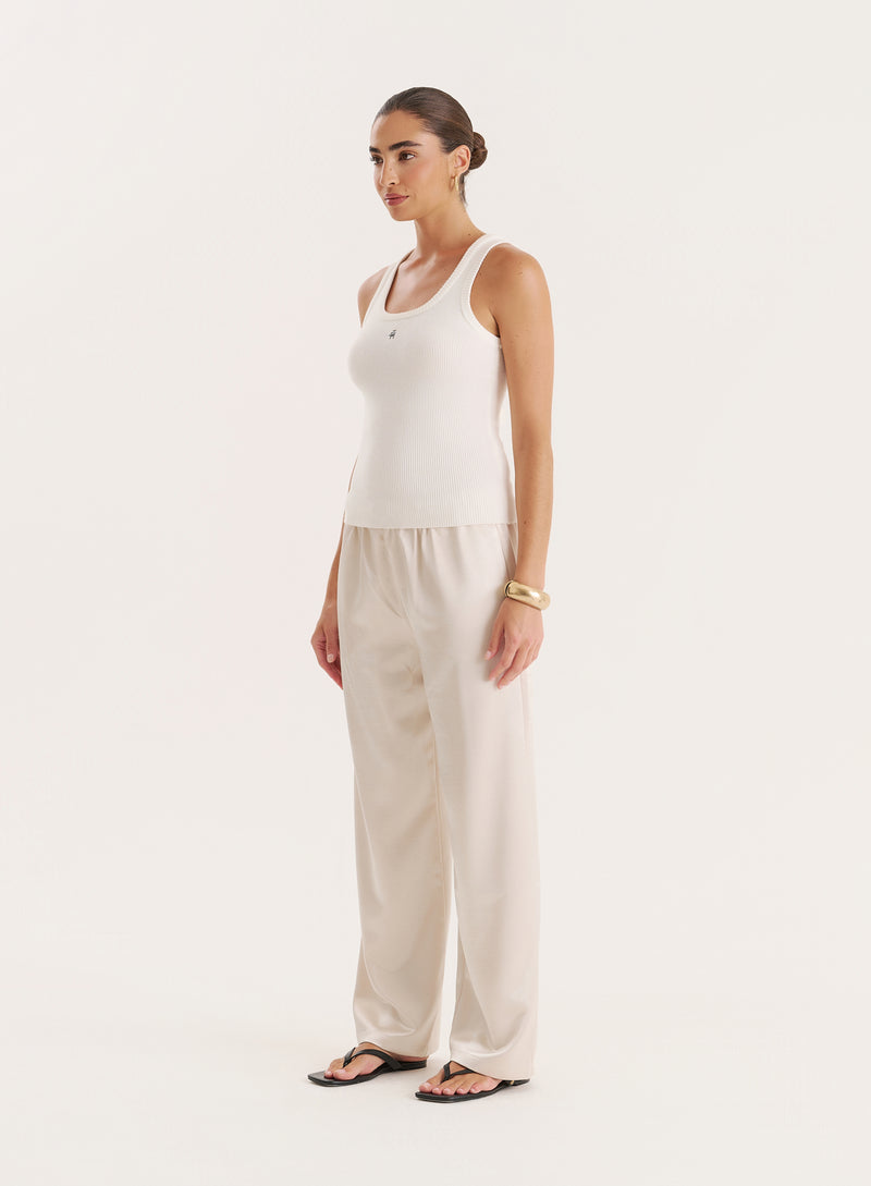 Cream Satin Elasticated Waist Wide Leg Trouser- Shelby
