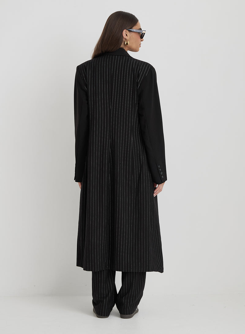 Black Pinstripe Tailored Longline Jacket - Libby