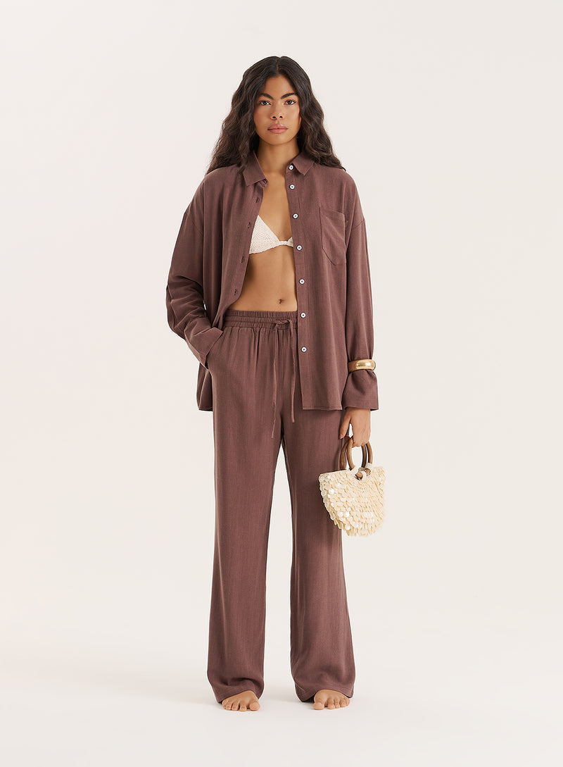 Chocolate Linen Blend Wide Leg Trouser- Anna