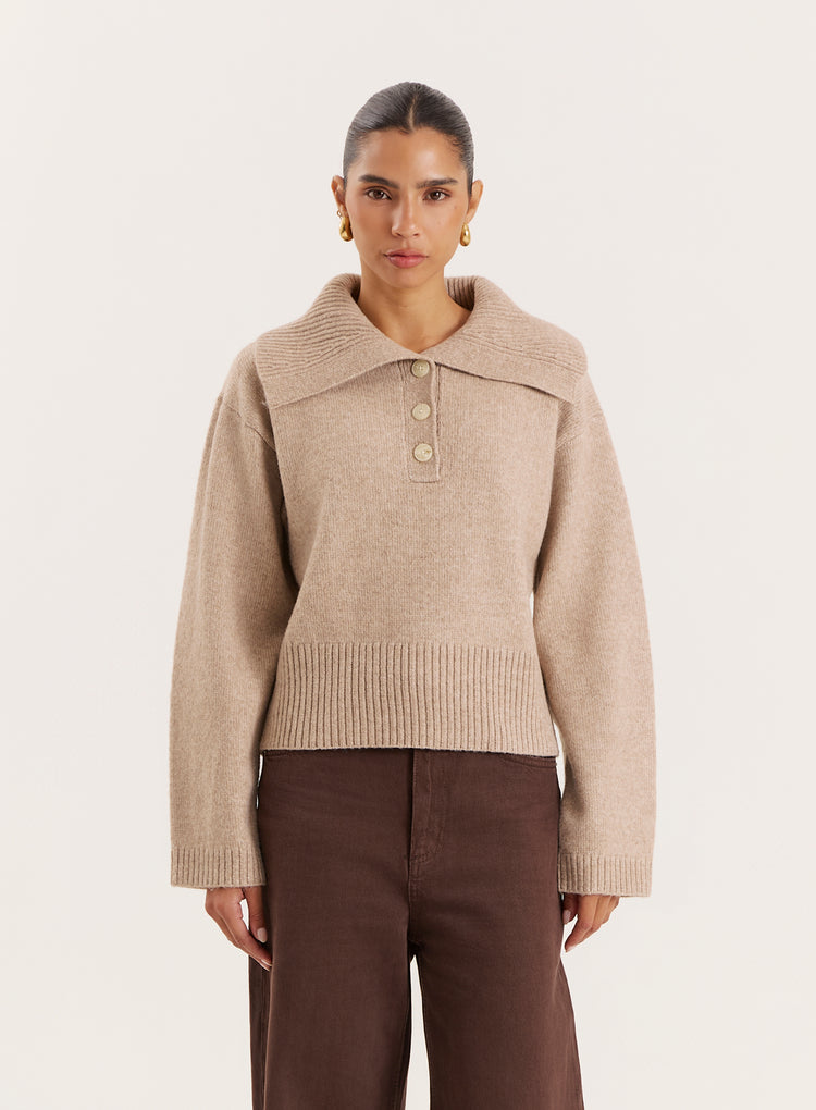 Beige Knitted Buttoned Collar Jumper- Eddie