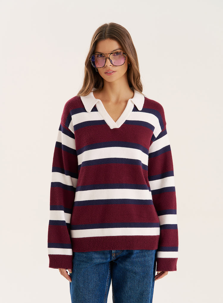 Striped Knitted Contrast Collar Jumper- Tommie