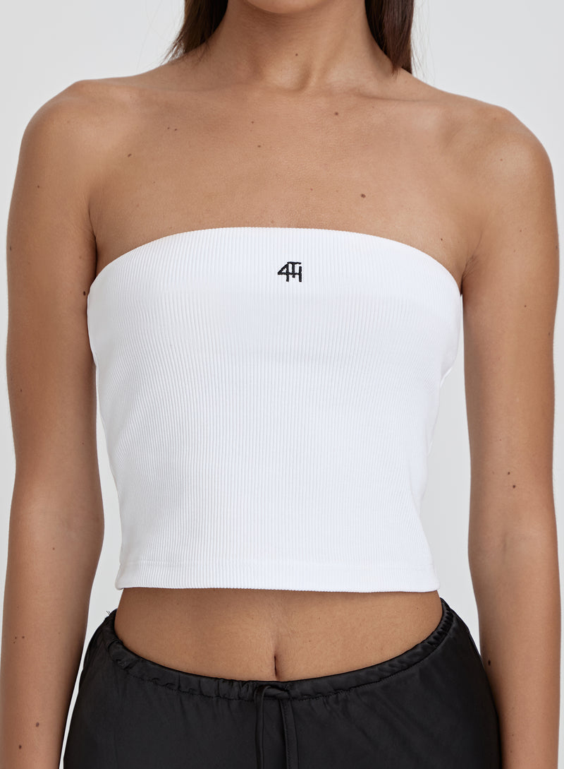 White Ribbed Fourth Logo Bandeau Top- Lana