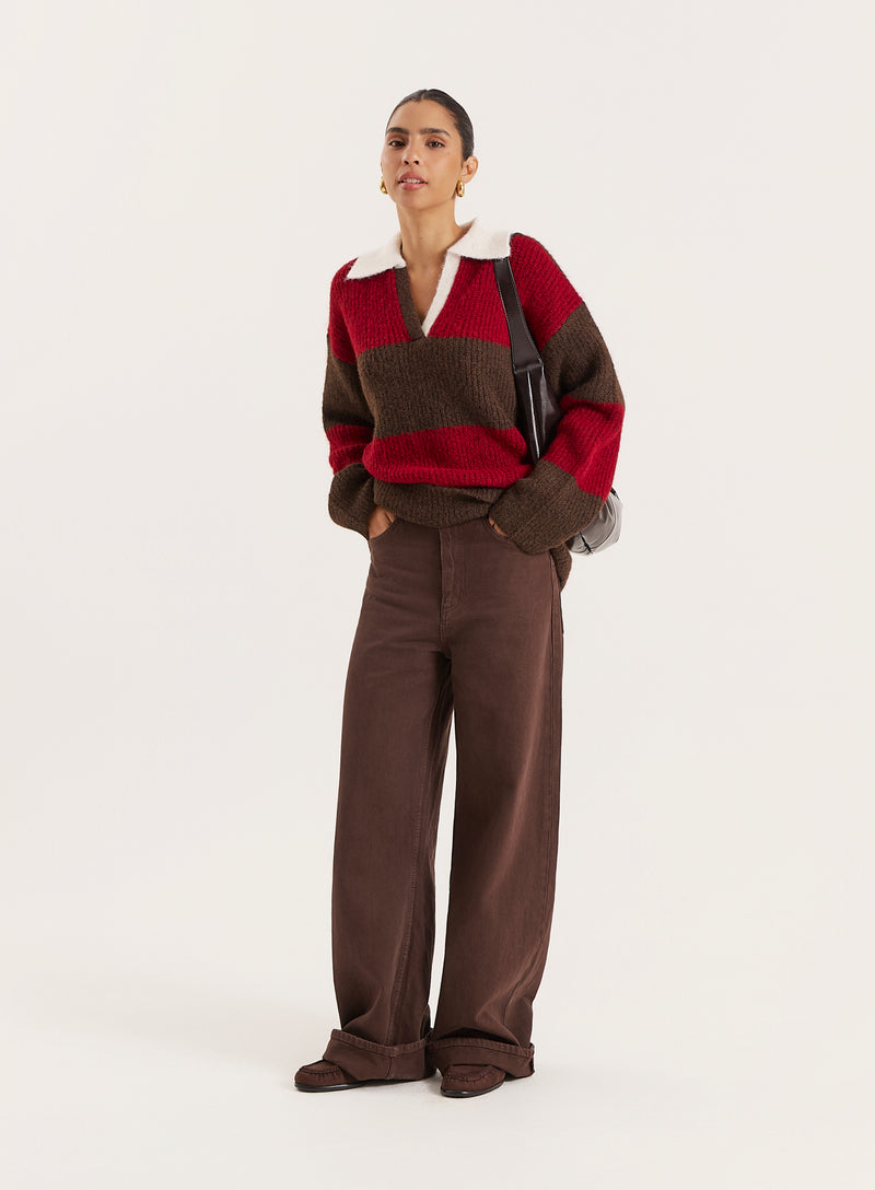 Red And Brown Striped Knitted Polo Jumper- Ruby
