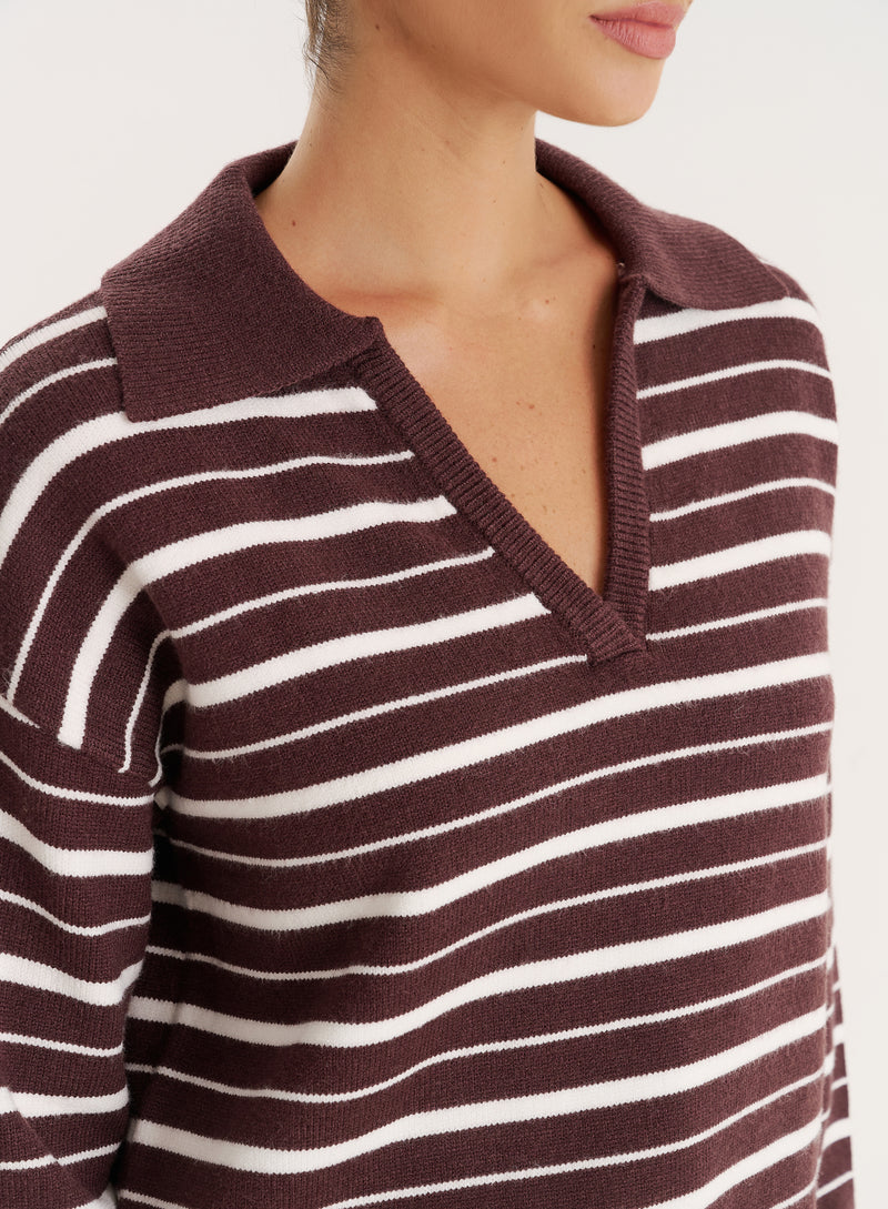 Brown And White Stripe Knitted Rugby Top- Hayden