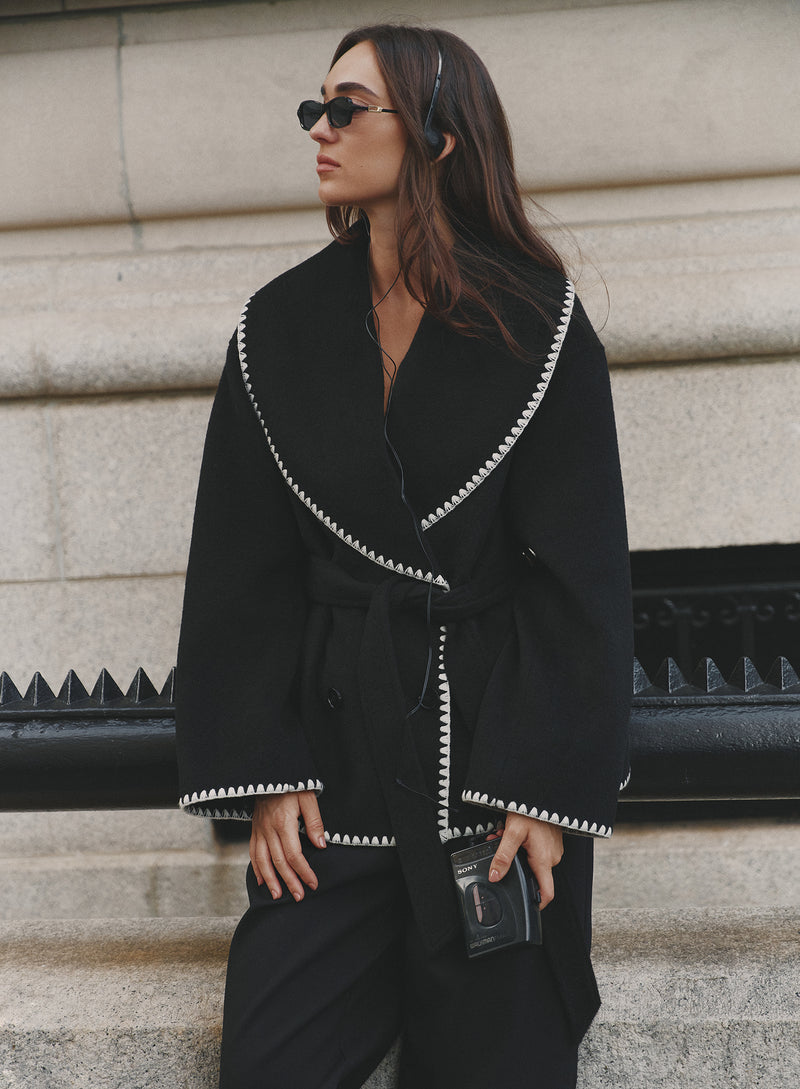 Black Contrast Stitch Belted Jacket