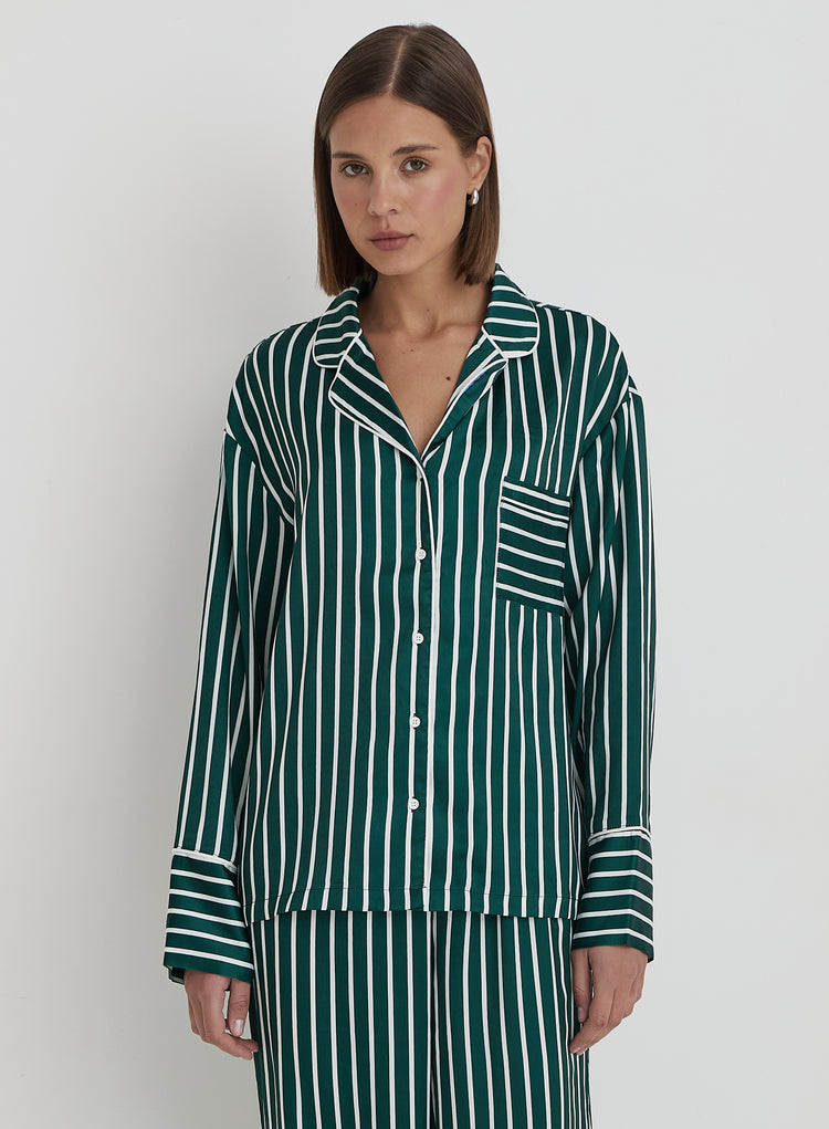 Green Striped Satin Pyjama Shirt- Noelle